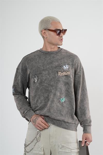 Bisiklet Yaka Yıkamalı Aplikeli Oversize Kalıp Sweatshirt