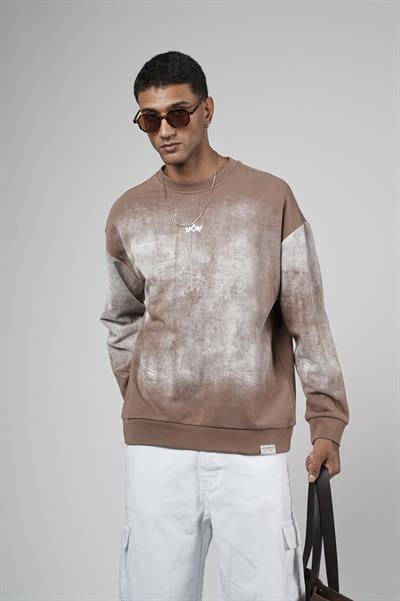 Bisiklet Yaka Yıkamalı Oversize Kalıp Logolu Sweatshirt