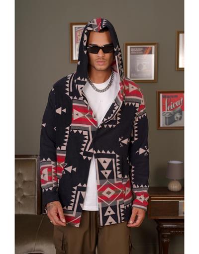 Desenli Kapüşonlu Oversize Polar Panço
