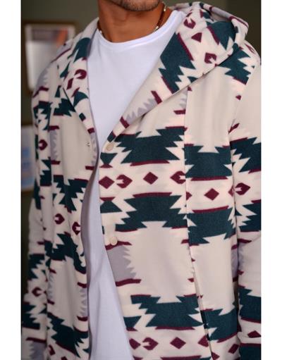 Desenli Kapüşonlu Oversize Polar Panço