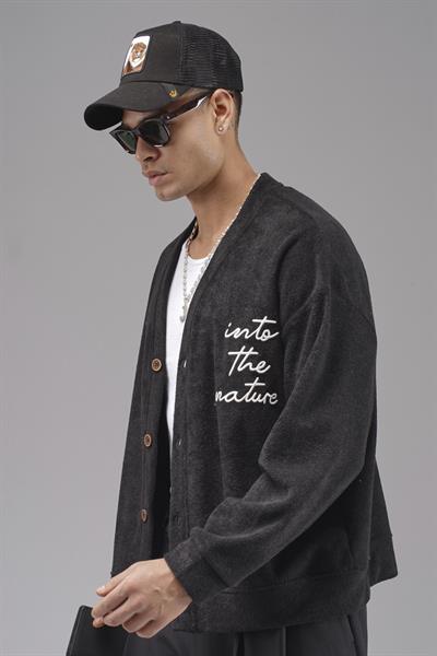 Düğmeli Nakış Detaylı Oversize Kalıp Erkek Hırka