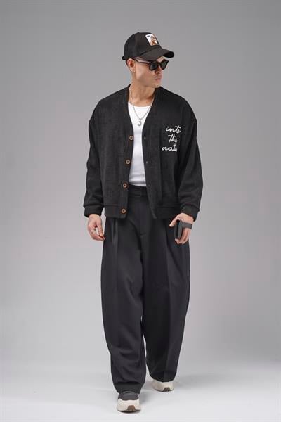 Düğmeli Nakış Detaylı Oversize Kalıp Erkek Hırka