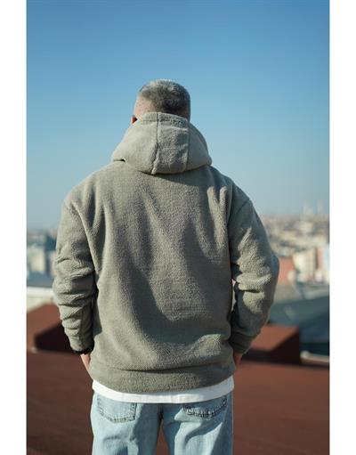 Erkek Kapuşonlu Kanguru Cepli Oversize Kalıp Peluş Sweatshirt
