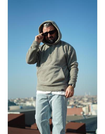 Erkek Kapuşonlu Kanguru Cepli Oversize Kalıp Peluş Sweatshirt