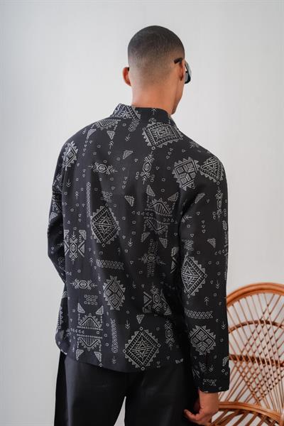 Erkek Oversize Kalıp Desenli Keten Gömlek