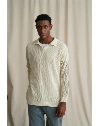 Erkek Polo Yaka Örgülü Oversize Kalıp Triko Kazak