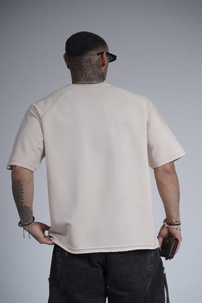 Kabartma Baskılı Garni Detaylı Reglan Kol Oversize Kalıp Unisex Tişört