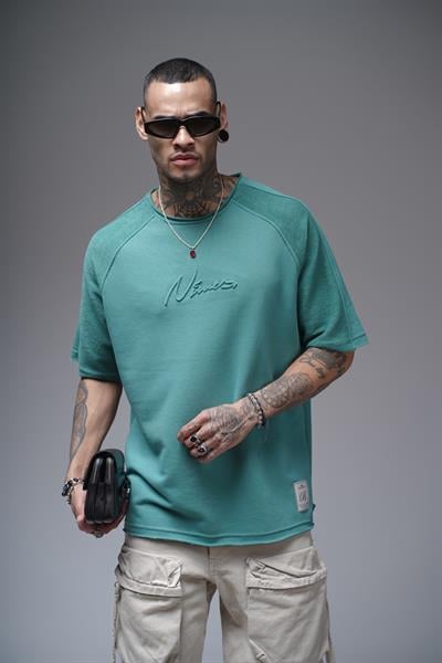 Kabartma Baskılı Garni Detaylı Reglan Kol Oversize Kalıp Unisex Tişört