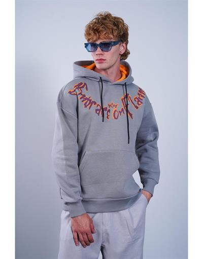 Kanguru Cepli Önü Baskılı Ribanalı Erkek Oversize Kalıp Kapuşonlu Sweatshirt