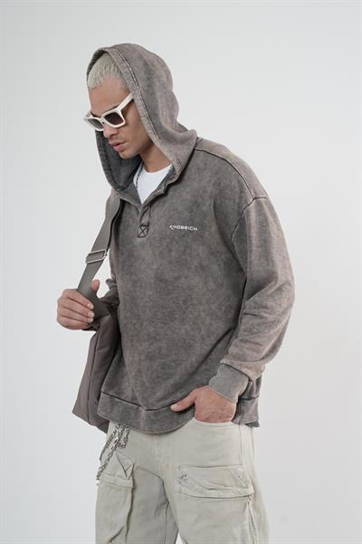 Kapüşonlu Çıt Çıt Detaylı Yıkamalı Oversiza Kalıp Sweatshirt