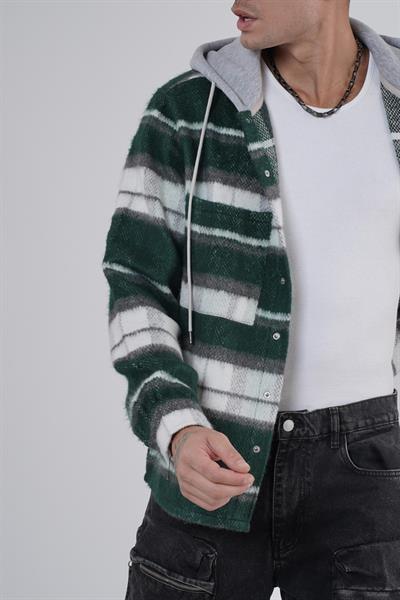 Kapuşonlu Ekoseli Unisex Kaşe Gömlek