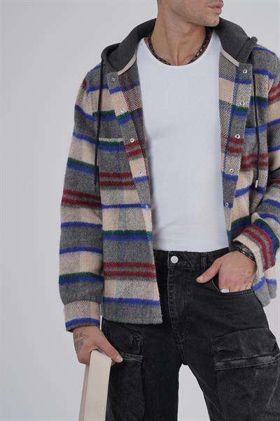 Kapuşonlu Ekoseli Unisex Kaşe Gömlek