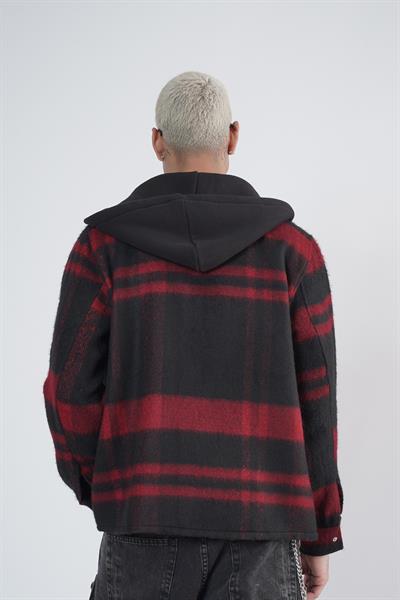Kapuşonlu Ekoseli Unisex Kaşe Gömlek