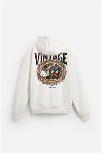 Kapuşonlu Vintage Baskılı Unisex Oversize Kalıp Hoodie