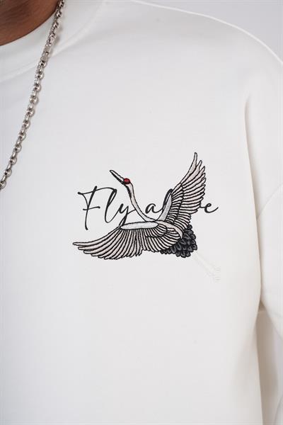 King Brich Bisiklet Yaka Leylek Baskılı Nakış Detaylı Sweatshirt