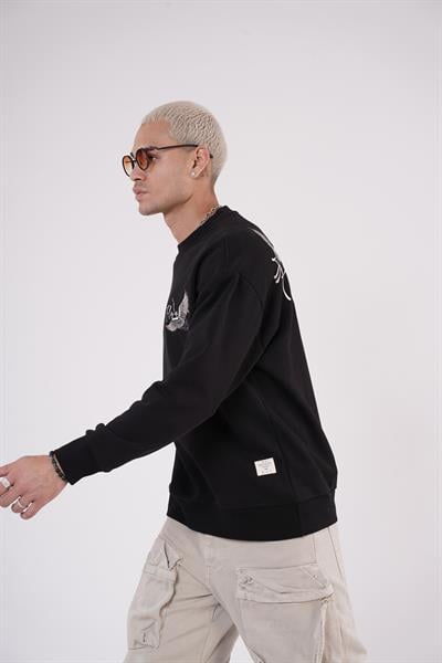 King Brich Bisiklet Yaka Leylek Baskılı Nakış Detaylı Sweatshirt