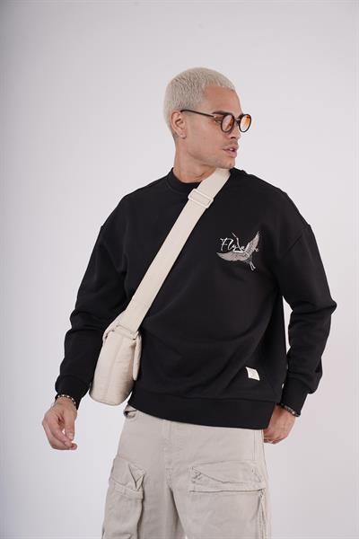 King Brich Bisiklet Yaka Leylek Baskılı Nakış Detaylı Sweatshirt