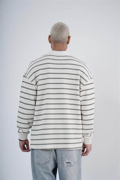 King Brich Polo Yaka Oversize Kalıp Çizgili Triko Kazak