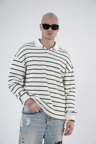 King Brich Polo Yaka Oversize Kalıp Çizgili Triko Kazak