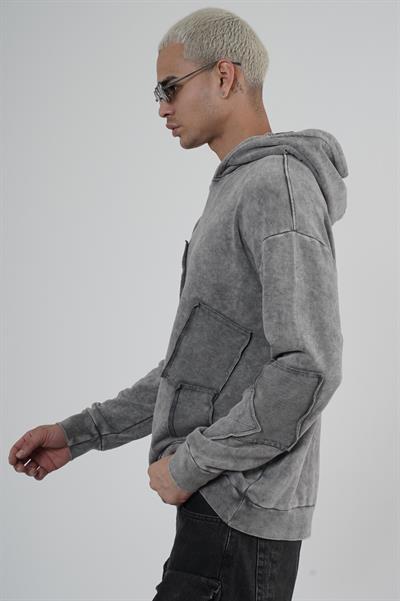 King Brich Yıkamalı Kapüşonlu Yama Detaylı Sweatshirt