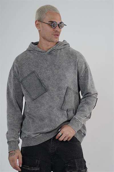 King Brich Yıkamalı Kapüşonlu Yama Detaylı Sweatshirt
