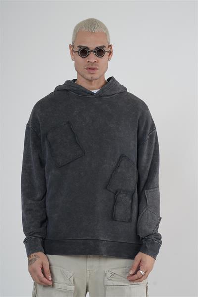 King Brich Yıkamalı Kapüşonlu Yama Detaylı Sweatshirt
