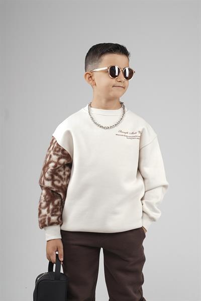 Kingbrich Kids Bisiklet Yaka Kolu Garnili Baskılı Çocuk Sweatshirt