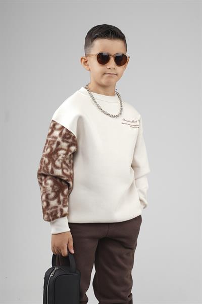 Kingbrich Kids Bisiklet Yaka Kolu Garnili Baskılı Çocuk Sweatshirt