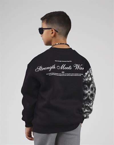 Kingbrich Kids Bisiklet Yaka Kolu Garnili Baskılı Çocuk Sweatshirt
