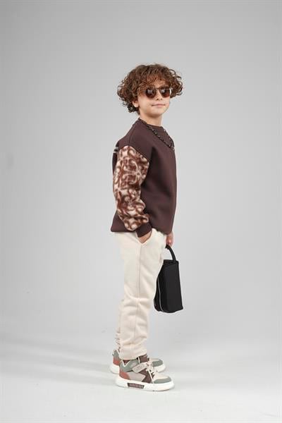 Kingbrich Kids Bisiklet Yaka Kolu Garnili Baskılı Çocuk Sweatshirt