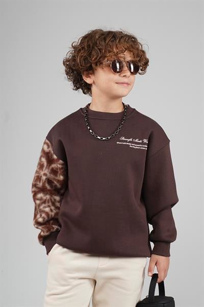 Kingbrich Kids Bisiklet Yaka Kolu Garnili Baskılı Çocuk Sweatshirt