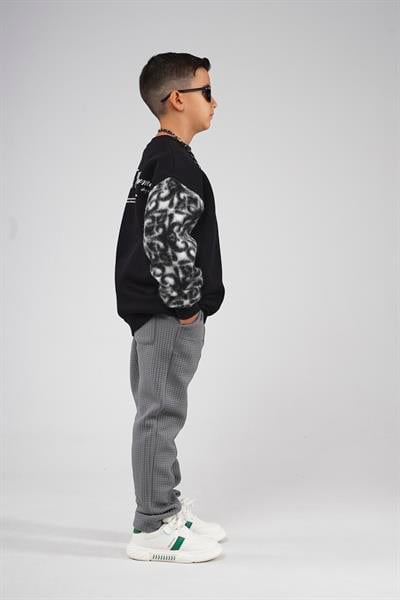 Kingbrich Kids Bisiklet Yaka Kolu Garnili Baskılı Çocuk Sweatshirt