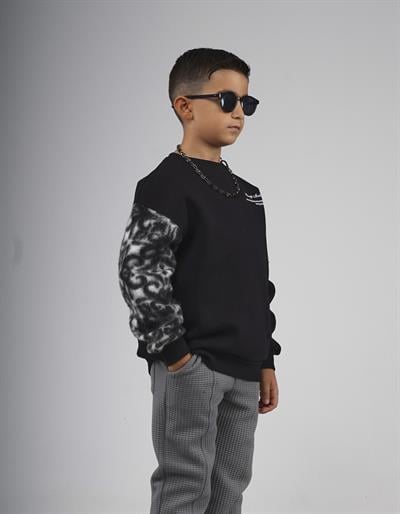 Kingbrich Kids Bisiklet Yaka Kolu Garnili Baskılı Çocuk Sweatshirt