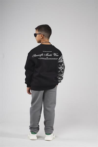 Kingbrich Kids Bisiklet Yaka Kolu Garnili Baskılı Çocuk Sweatshirt
