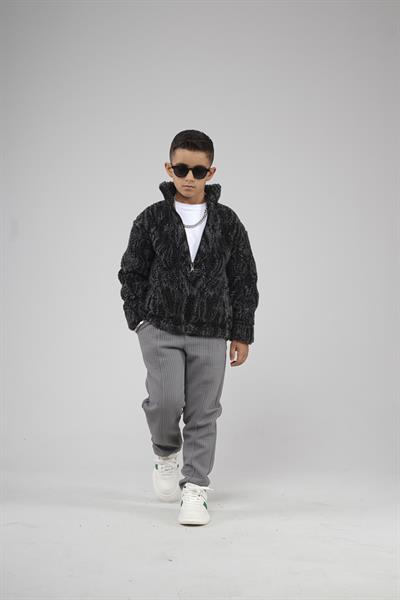 Kingbrich Kids Dik Yaka Fermuarlı Desenli Çocuk Polar