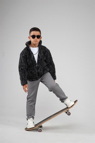 Kingbrich Kids Dik Yaka Fermuarlı Desenli Çocuk Polar