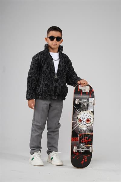 Kingbrich Kids Dik Yaka Fermuarlı Desenli Çocuk Polar