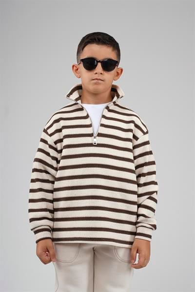 Kingbrich Kids Oversize Kalıp Çizgili Yakası Fermuarlı Sweatshirt