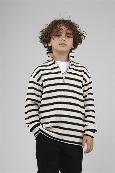 Kingbrich Kids Oversize Kalıp Çizgili Yakası Fermuarlı Sweatshirt