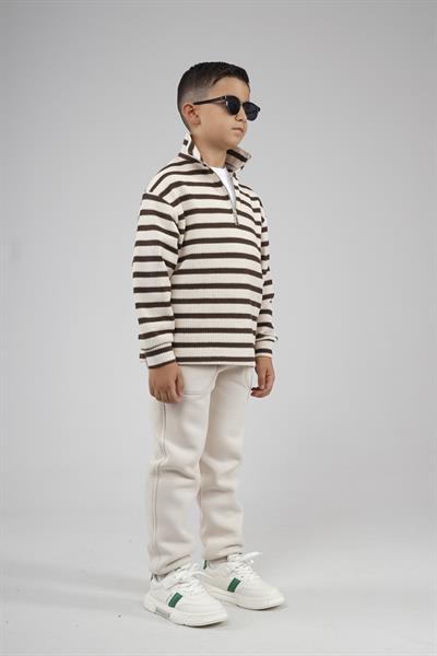 Kingbrich Kids Oversize Kalıp Çizgili Yakası Fermuarlı Sweatshirt