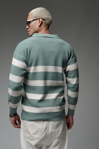 Kingbrich Polo Yaka Çizgili Oversize Kalıp Erkek Kazak