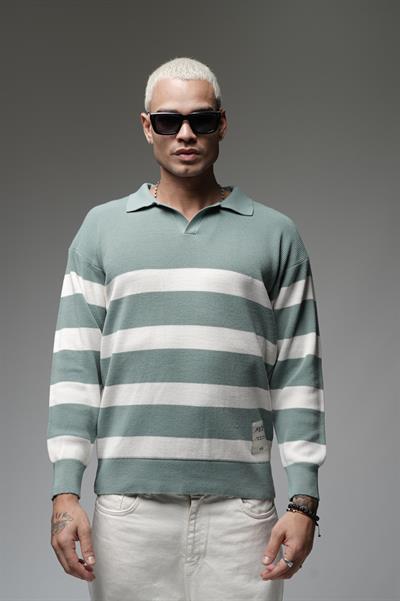 Kingbrich Polo Yaka Çizgili Oversize Kalıp Erkek Kazak