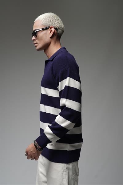 Kingbrich Polo Yaka Çizgili Oversize Kalıp Erkek Kazak