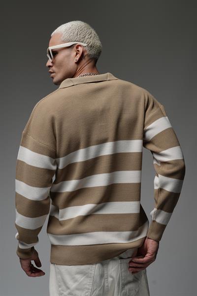 Kingbrich Polo Yaka Çizgili Oversize Kalıp Erkek Kazak