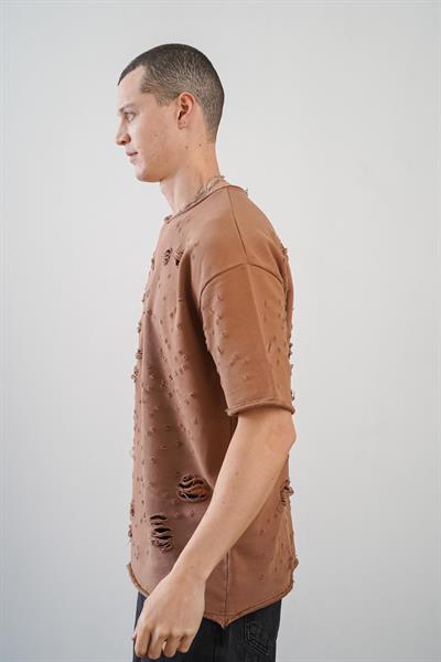 Pis Yaka Oversize Kalıp Yıkamalı Sökük Unisex Tişört 