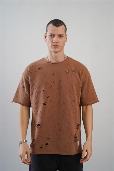 Pis Yaka Oversize Kalıp Yıkamalı Sökük Unisex Tişört 