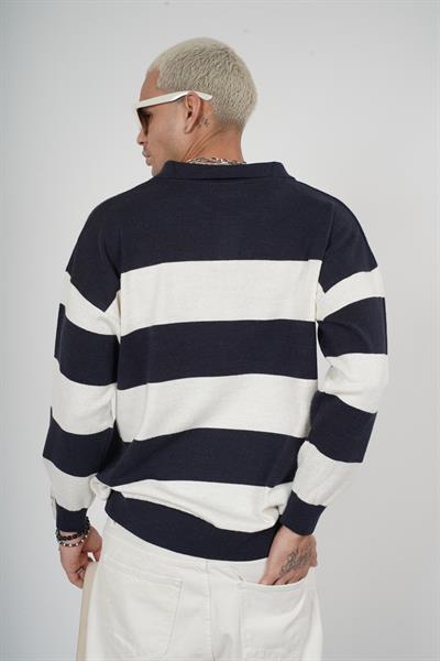Polo Yaka Çizgili Erkek Oversize Kalıp Kazak