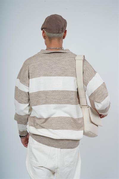 Polo Yaka Çizgili Erkek Oversize Kalıp Kazak