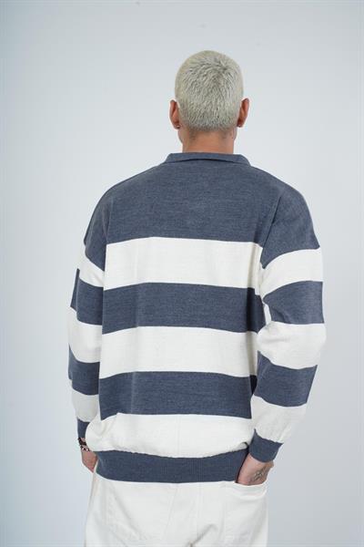 Polo Yaka Çizgili Erkek Oversize Kalıp Kazak