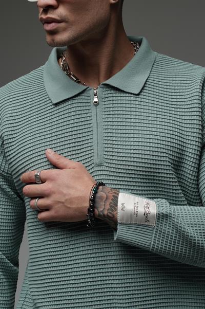 Polo Yaka Yarım Fermuarlı Oversize Kalıp Triko Kazak